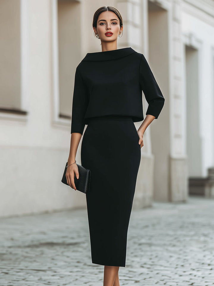 Helen - Boat Neck Top And Midi Skirt Set