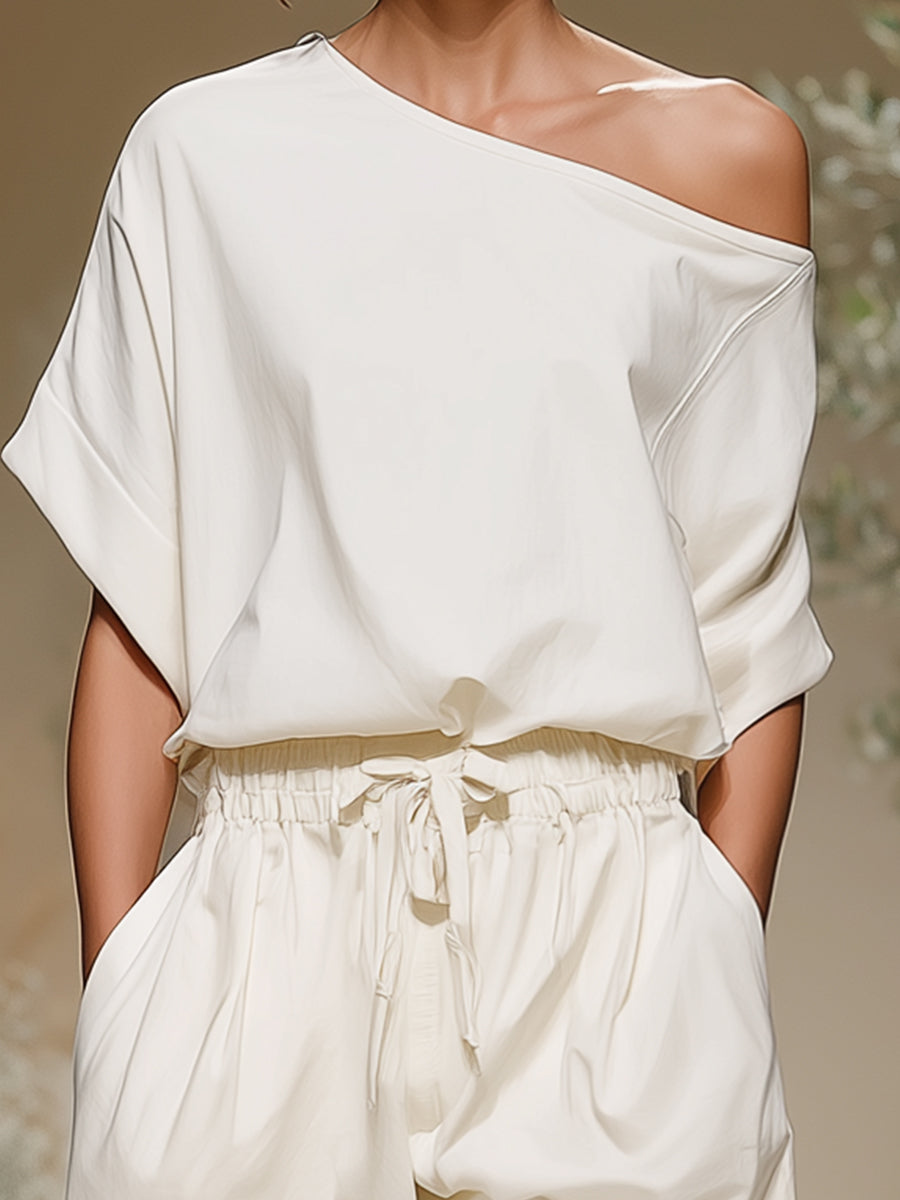 Audrey - Minimalist Off-Shoulder Loose Short Sleeve & Shorts Set