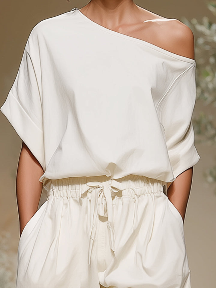 Audrey - Minimalist Off-Shoulder Loose Short Sleeve & Shorts Set