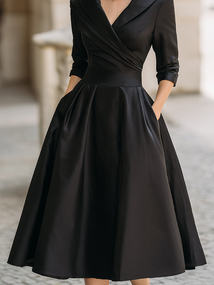 Jasmine - Vintage-Inspired Satin Midi Dress With Draped Collar