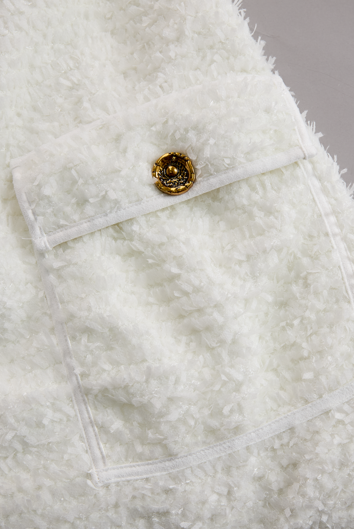 Ivory Tweed Button-Down Midi Dress With Patch Pockets