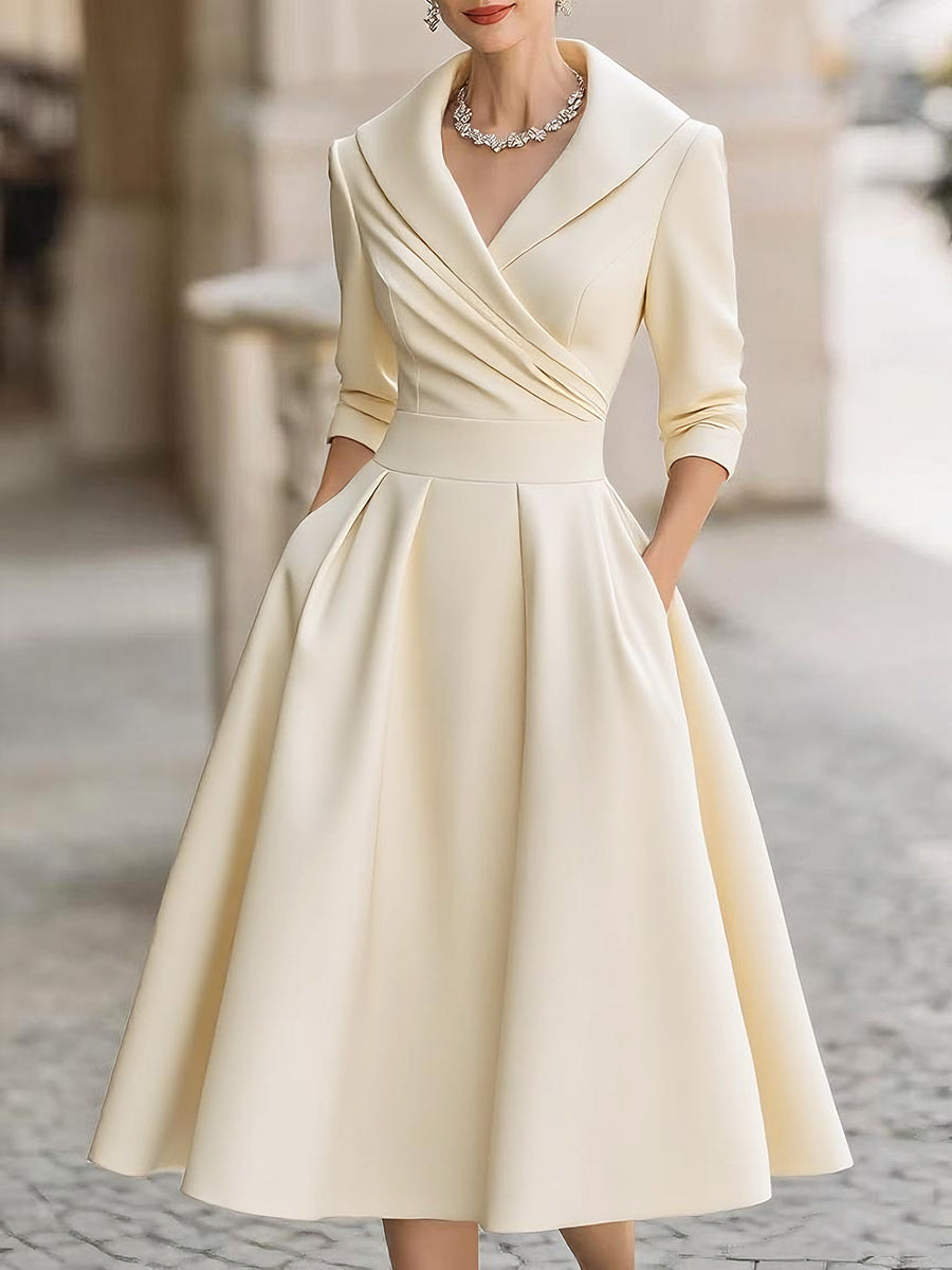 Jasmine - Vintage-Inspired Satin Midi Dress With Draped Collar
