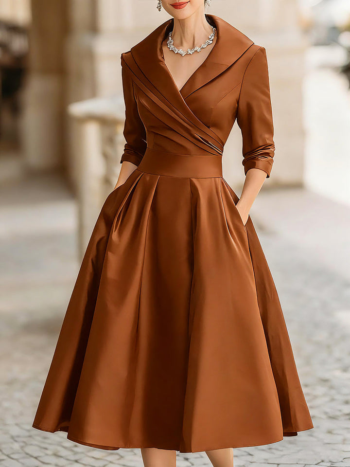 Jasmine - Vintage-Inspired Satin Midi Dress With Draped Collar