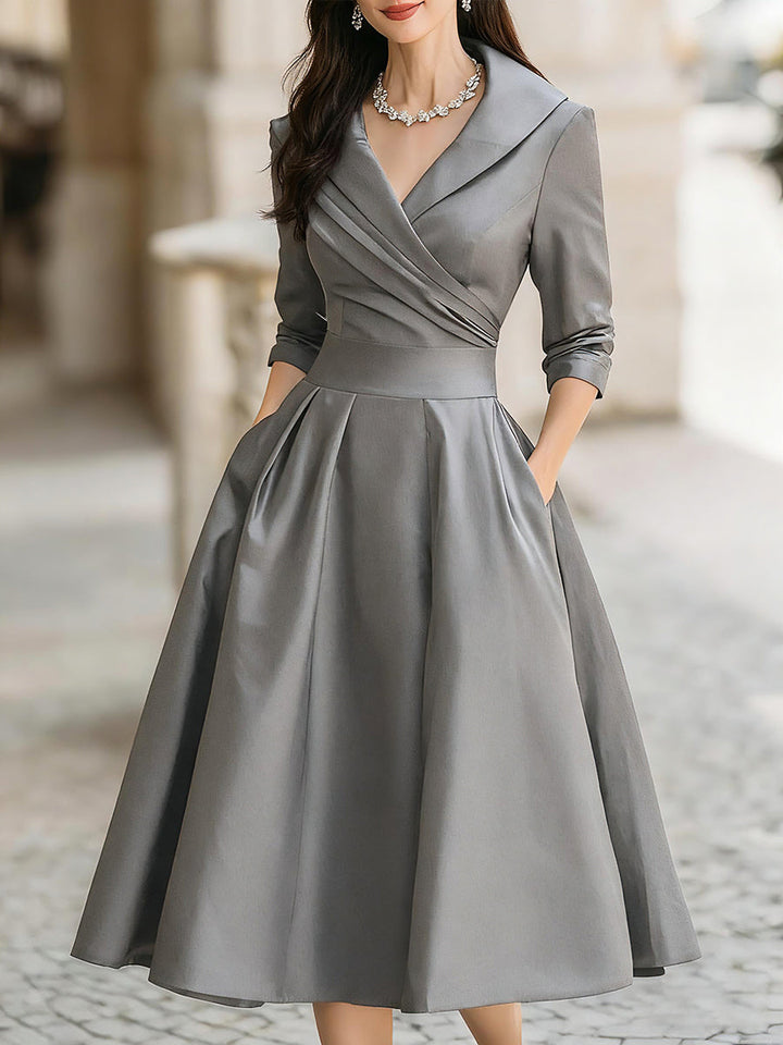 Jasmine - Vintage-Inspired Satin Midi Dress With Draped Collar