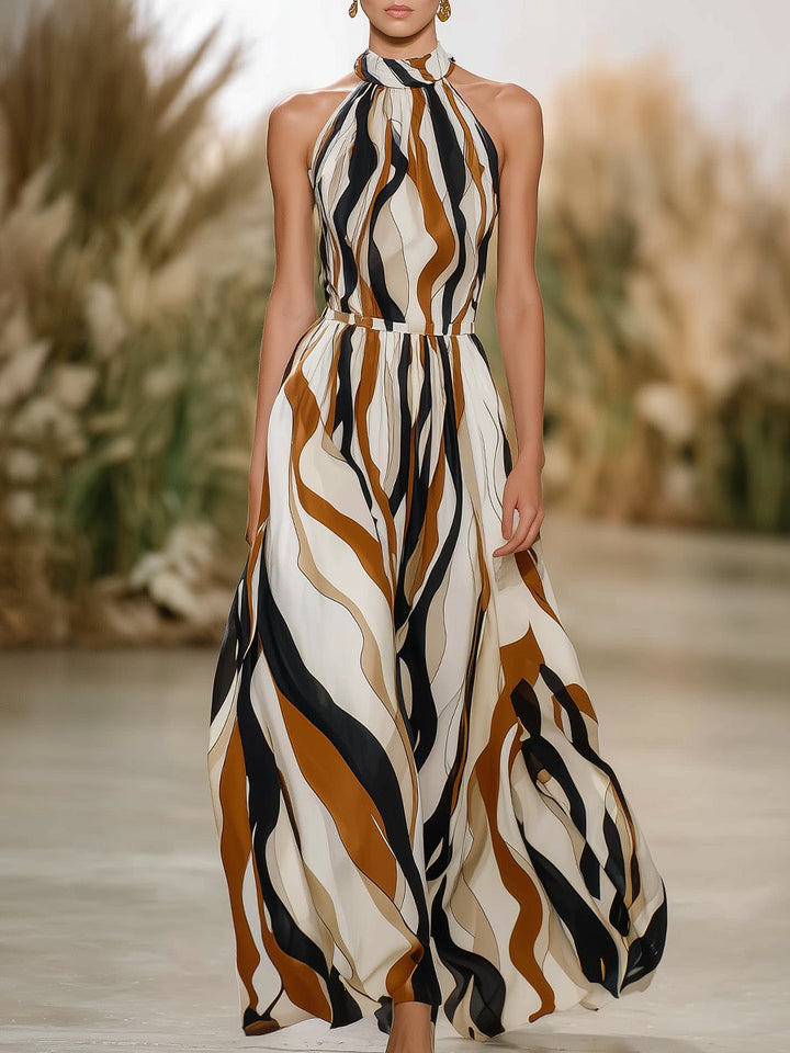 Arya - Artistic Wave Stripe Halter Neck Maxi Dress