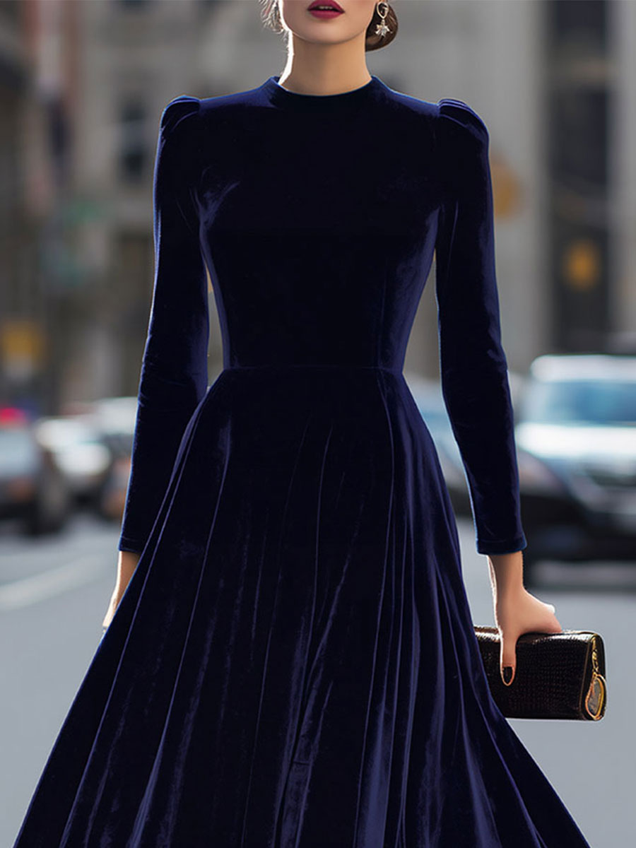 Luxurious Velvet Long-Sleeve Midi Dress – SOLENNA