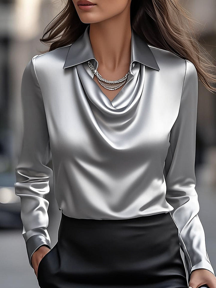 Anna - Elegant White Satin Blouse with Draped Neckline