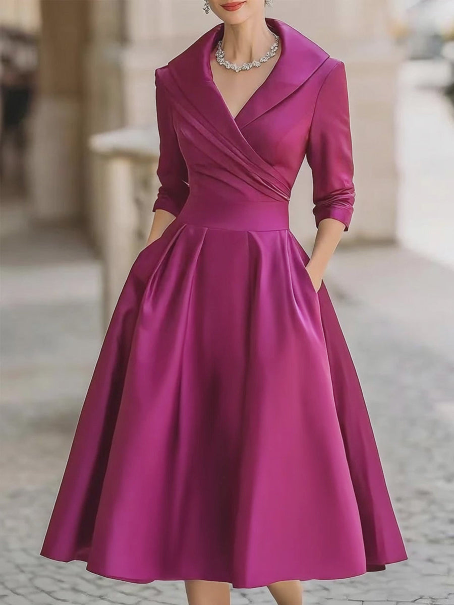 Jasmine - Vintage-Inspired Satin Midi Dress With Draped Collar