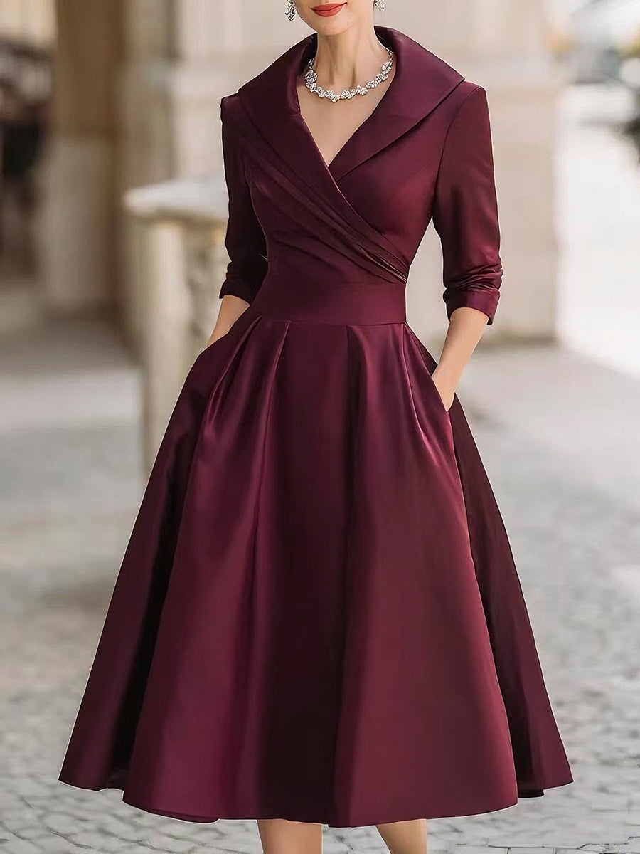 Jasmine - Vintage-Inspired Satin Midi Dress With Draped Collar