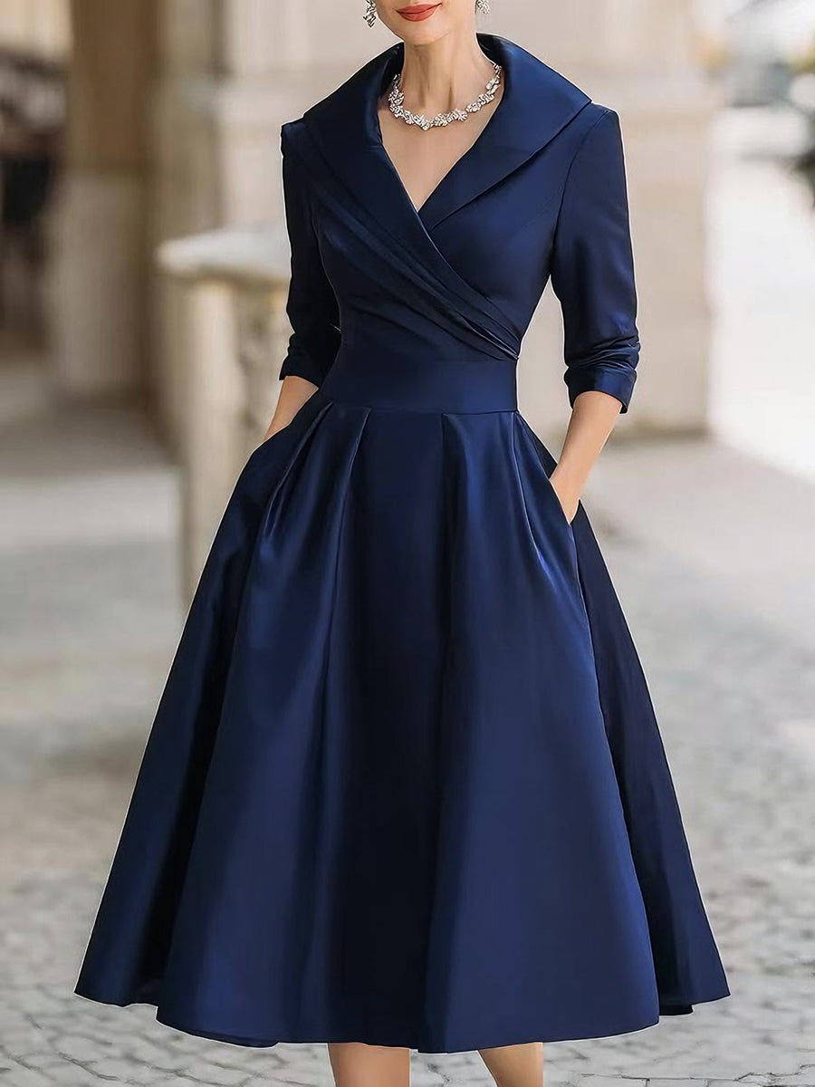 Jasmine - Vintage-Inspired Satin Midi Dress With Draped Collar