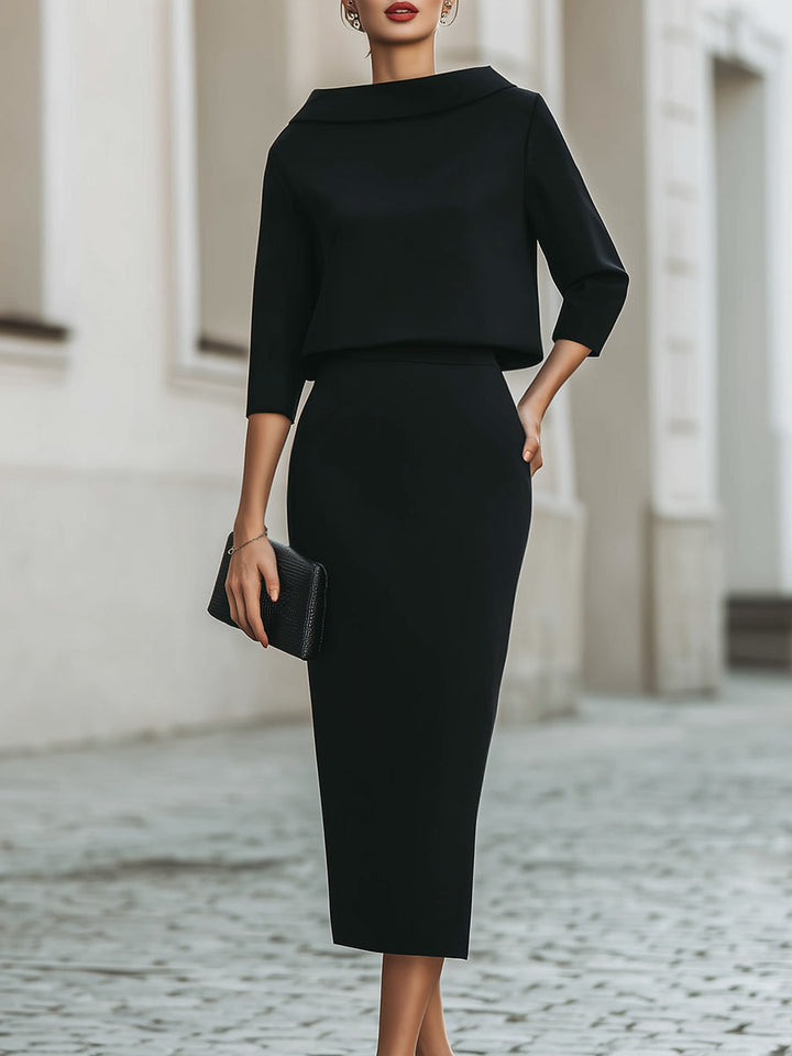 Helen - Boat Neck Top And Midi Skirt Set