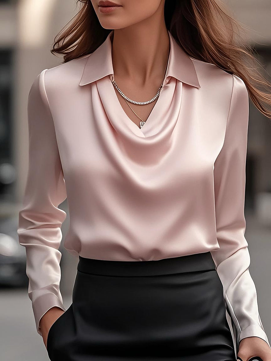Anna - Elegant White Satin Blouse with Draped Neckline