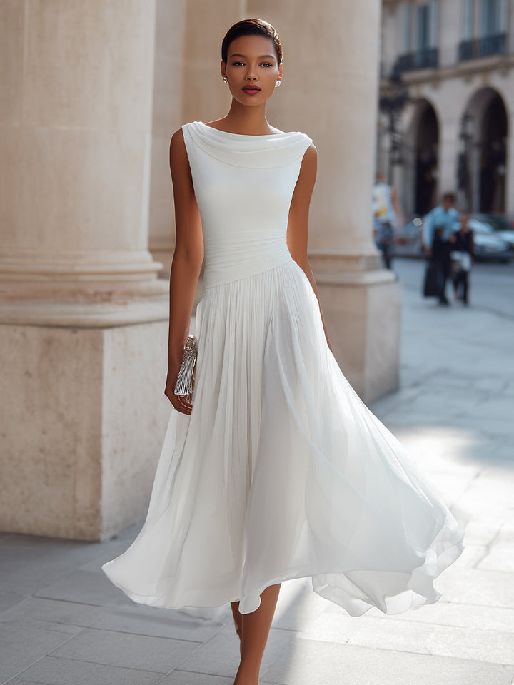 Diana - Draped Neck Sleeveless Pleated Midi Dress