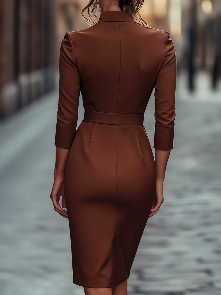 refined black belted sheath dress with mandarin collar Kate