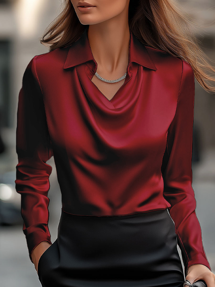 Anna - Elegant White Satin Blouse with Draped Neckline