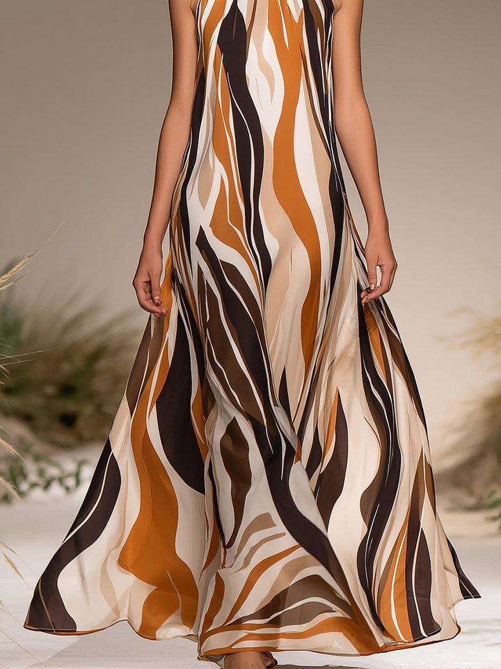 Adelaide - Artistic Abstract Wave Print Halter Maxi Dress