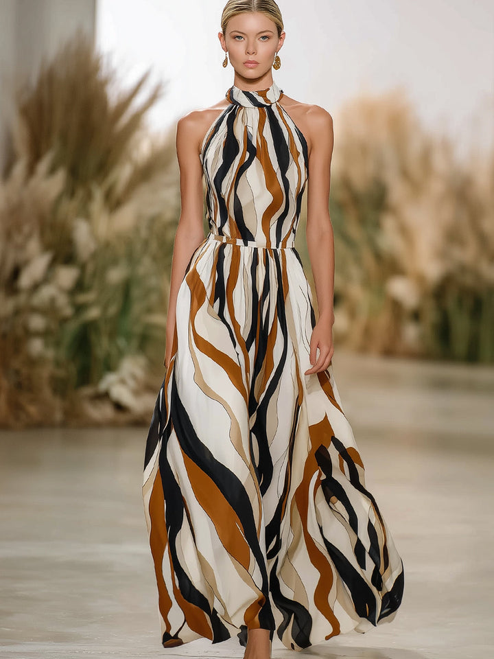 Arya - Artistic Wave Stripe Halter Neck Maxi Dress