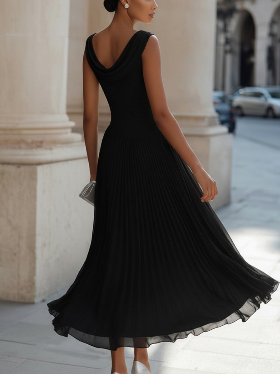 Diana - Draped Neck Sleeveless Pleated Midi Dress