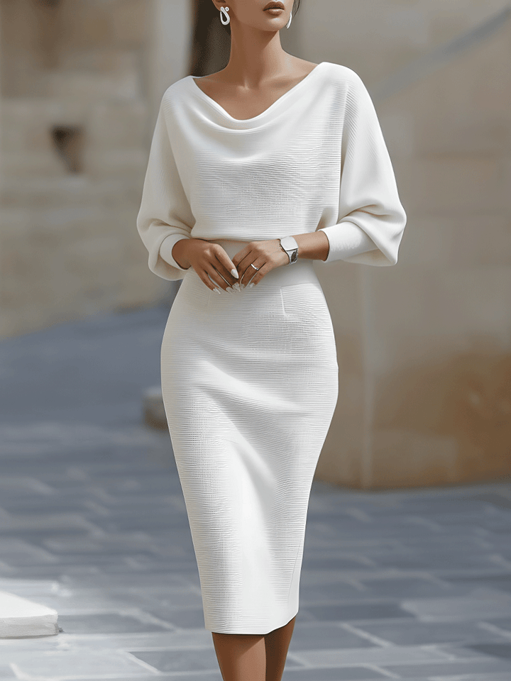 Charlene - White Draped Batwing Midi Dress