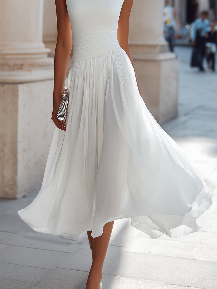 Diana - Draped Neck Sleeveless Pleated Midi Dress