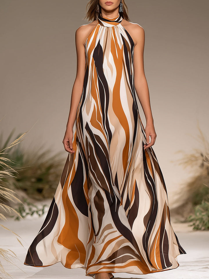 Adelaide - Artistic Abstract Wave Print Halter Maxi Dress