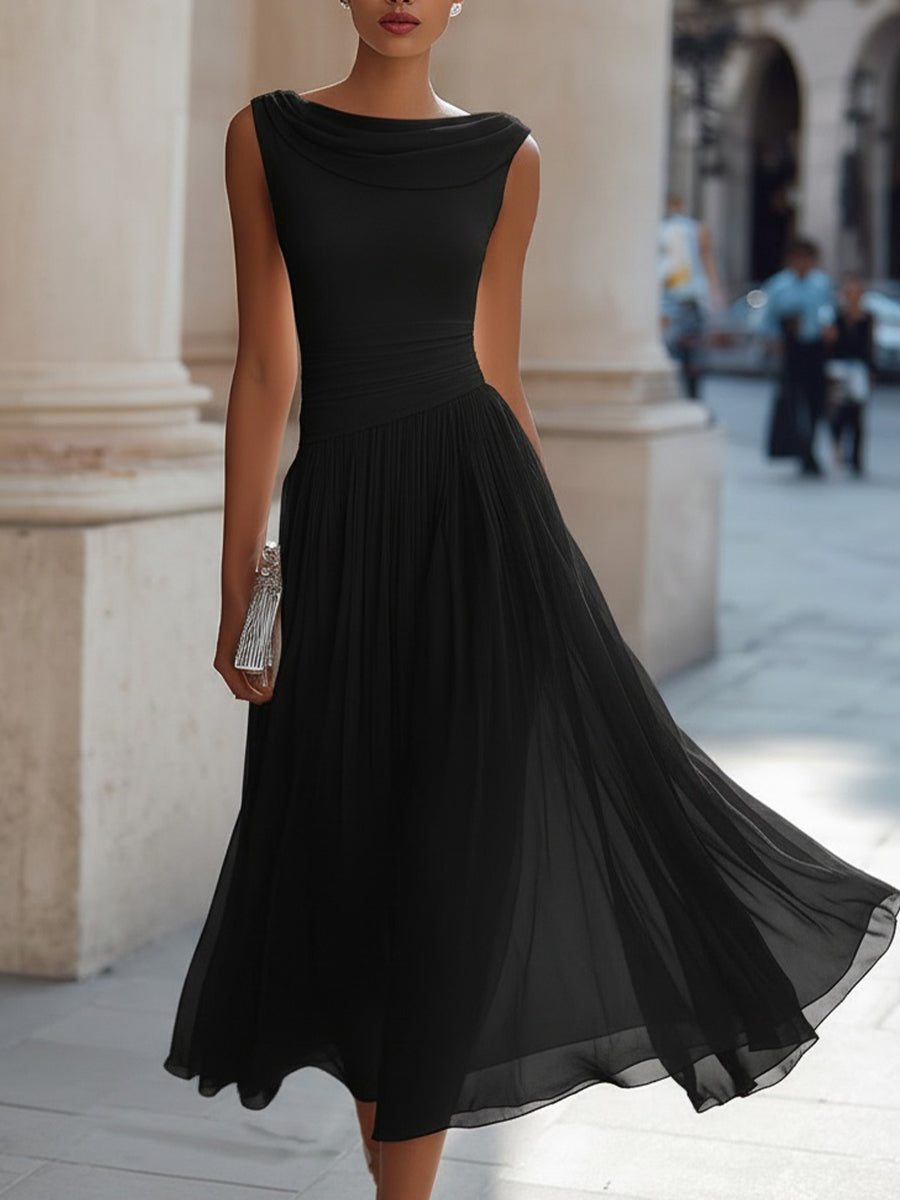 Diana - Draped Neck Sleeveless Pleated Midi Dress