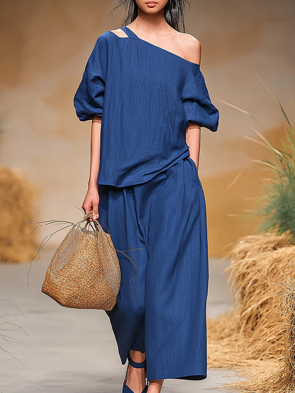 Asymmetric Shoulder Relaxed Two-Piece Wide-Leg Set