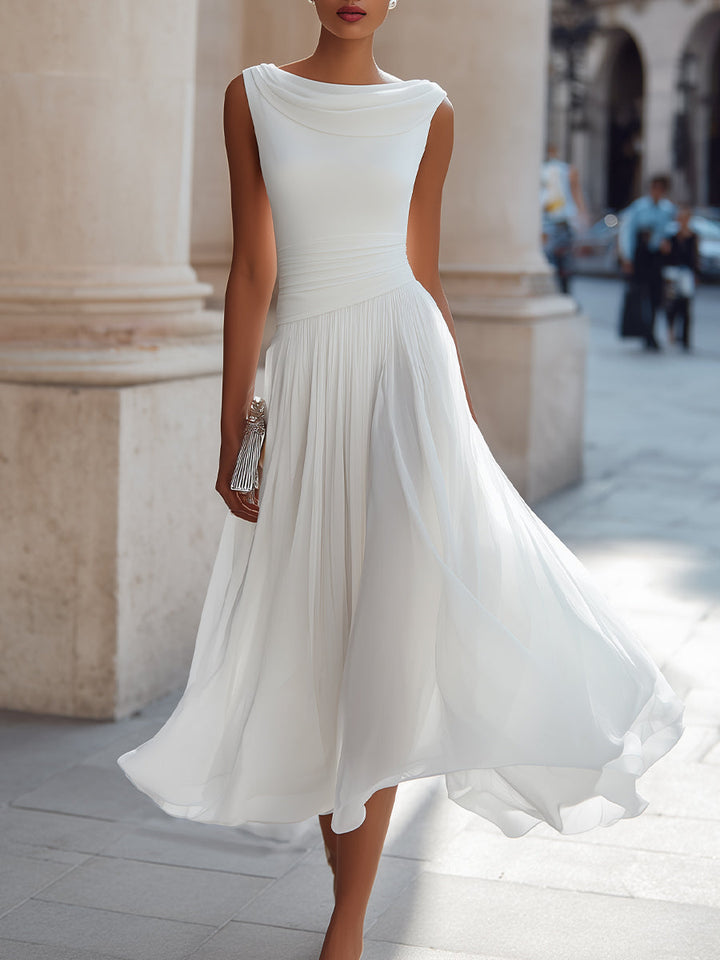 Diana - Draped Neck Sleeveless Pleated Midi Dress