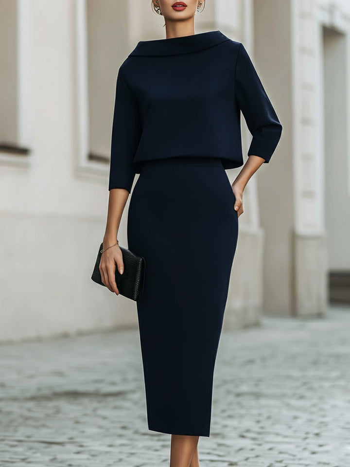 Helen - Boat Neck Top And Midi Skirt Set