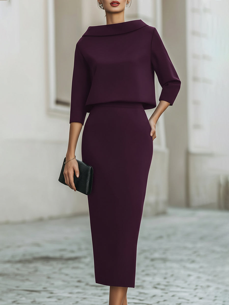 Helen - Boat Neck Top And Midi Skirt Set