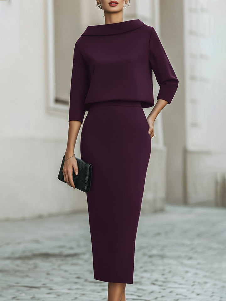 Helen - Boat Neck Top And Midi Skirt Set