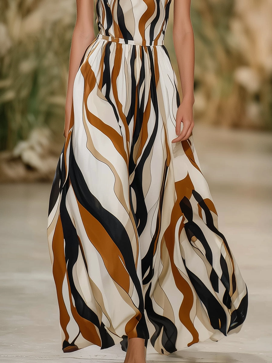 Arya - Artistic Wave Stripe Halter Neck Maxi Dress