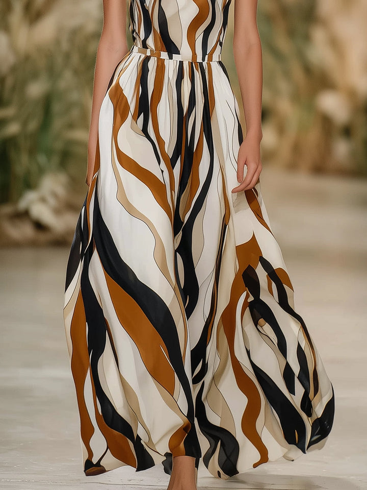 Arya - Artistic Wave Stripe Halter Neck Maxi Dress