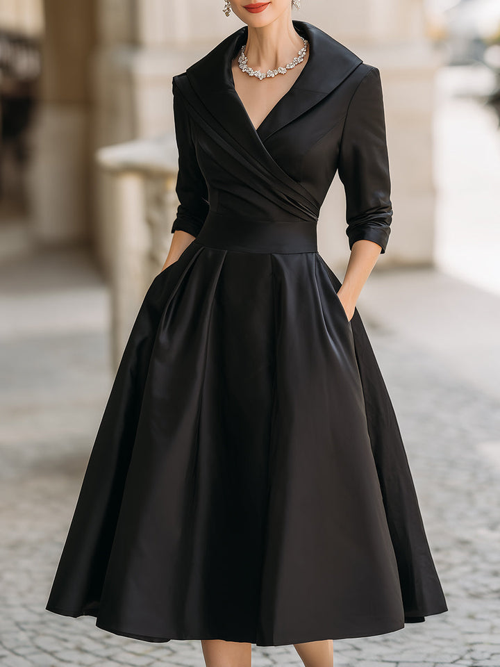 Jasmine - Vintage-Inspired Satin Midi Dress With Draped Collar