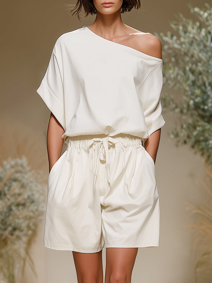 Audrey - Minimalist Off-Shoulder Loose Short Sleeve & Shorts Set
