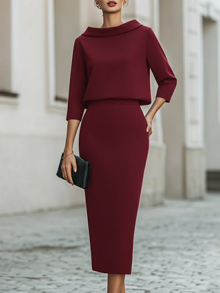 Helen - Boat Neck Top And Midi Skirt Set