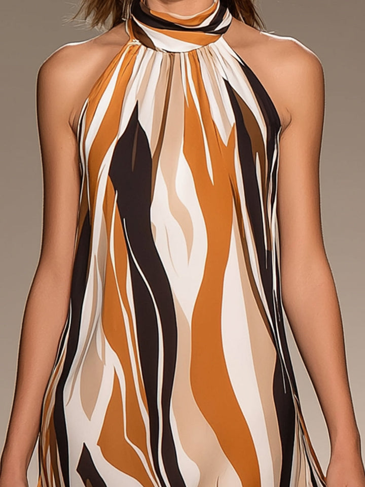 Adelaide - Artistic Abstract Wave Print Halter Maxi Dress