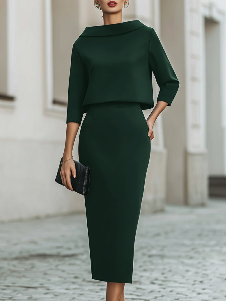 Helen - Boat Neck Top And Midi Skirt Set