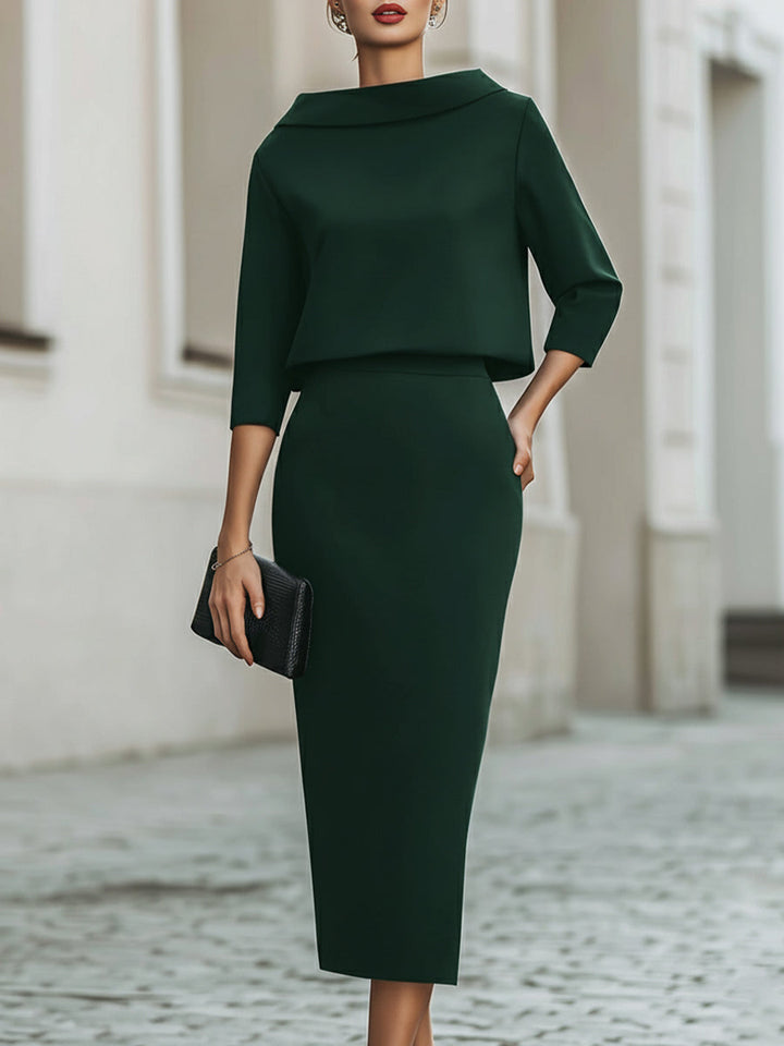 Helen - Boat Neck Top And Midi Skirt Set