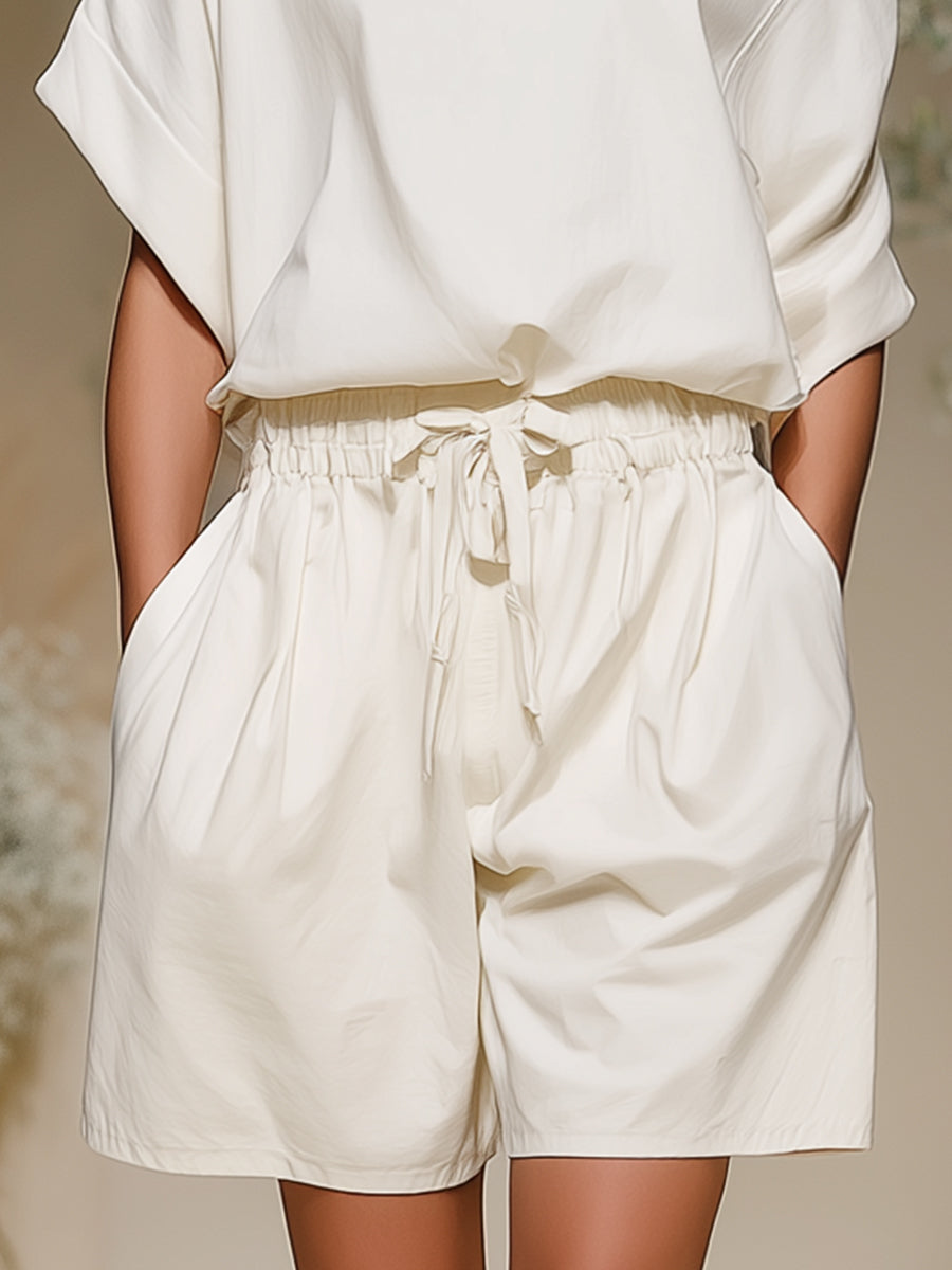 Audrey - Minimalist Off-Shoulder Loose Short Sleeve & Shorts Set