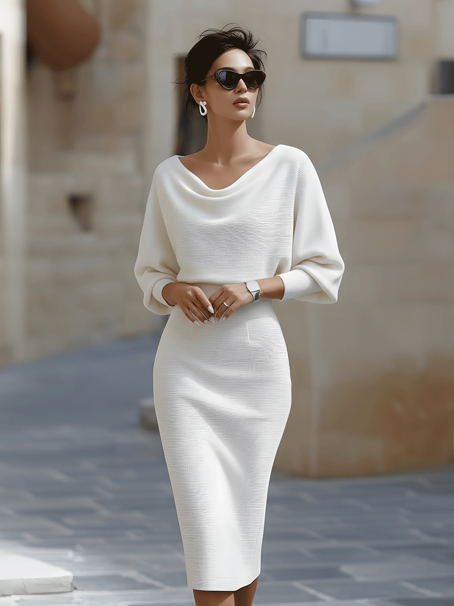 Charlene - White Draped Batwing Midi Dress